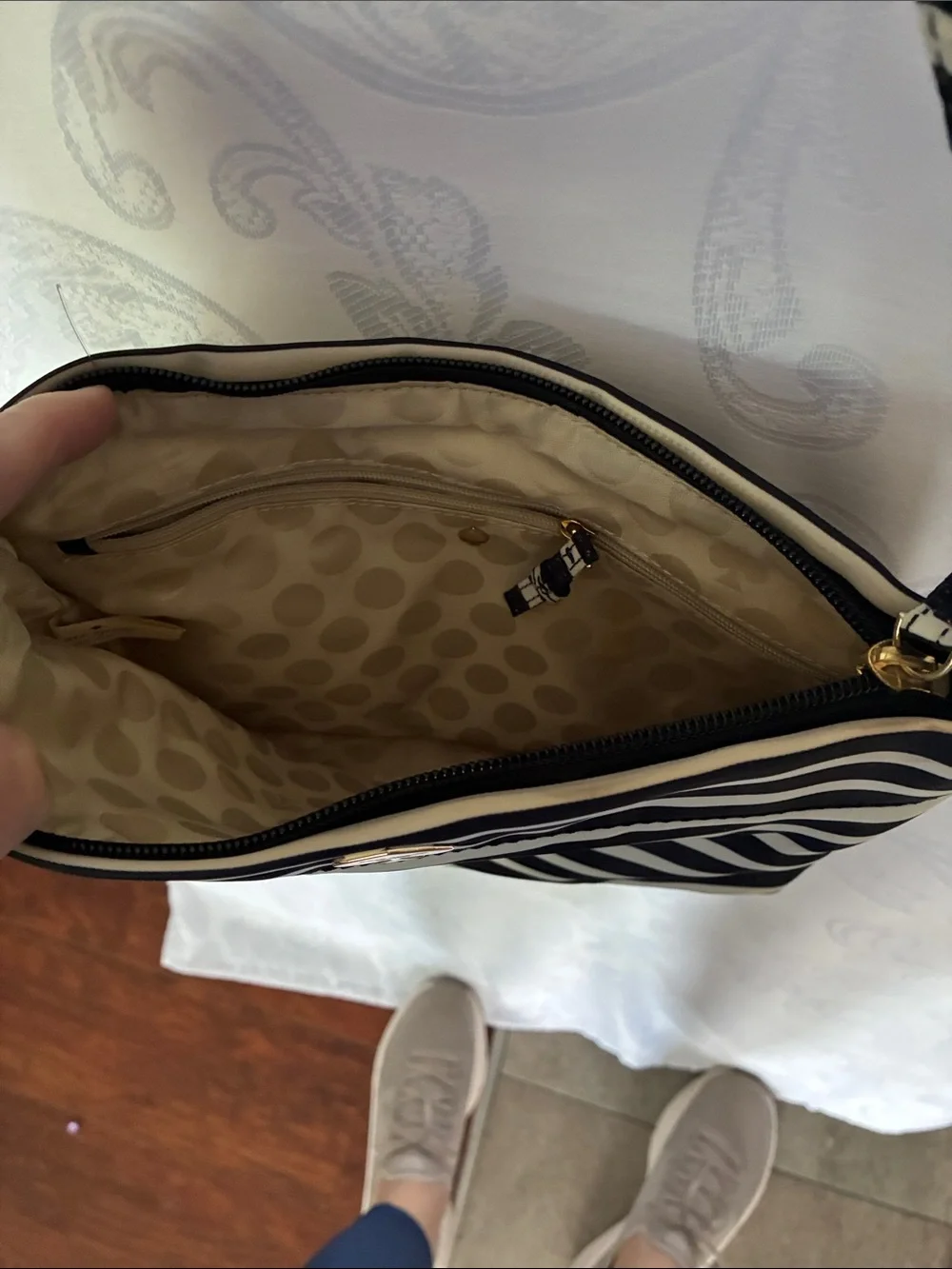kate spade Black and Cream Striped Shoulder Bag with Spade Logo